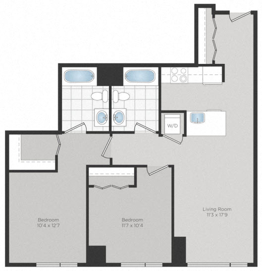 Floor plan for 2 beds, 2 baths, 964 sqft